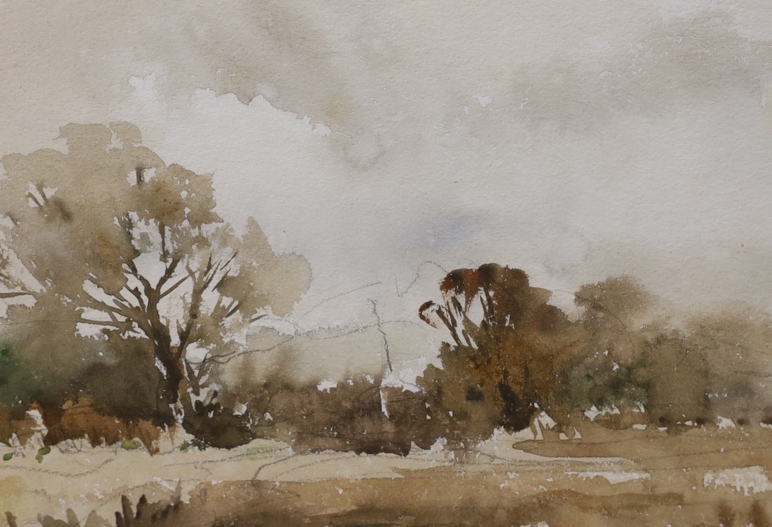 Edward Wesson (1910-1983), ink and watercolour, Coastal scene, signed, 21 x 29cm and an unsigned watercolour of trees, 20 x 28cm